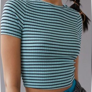 Urban Renewal Remnants Striped Baby Tee. Aqua and Black. Size S/P.